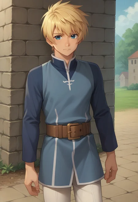 score_9, score_8_up, score_7_up, source_anime, highly detailed, 
flynn, 1boy, male focus, solo, blonde hair, blue eyes, tunic, blue tunic, long sleeves, high collar, belt, brown belt, pants, white pants, boots, brown footwear,
outdoor,