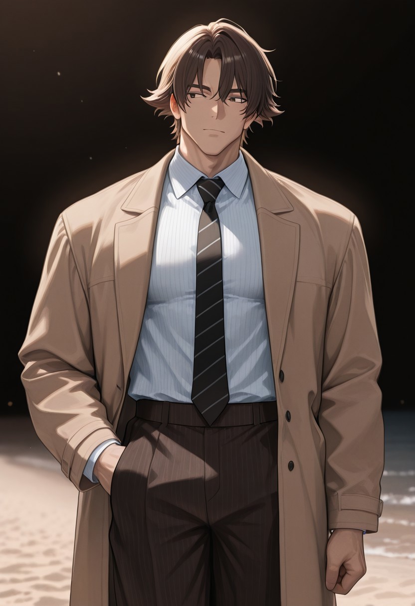 [正面+キャラ名:99],
1boy,solo,
[品質タグ:99],
masterpiece,perfect quality,best quality,amazing quality,absolutely eye-catching,
[身体特徴:99],
age 20,muscle,
manly,
masculine,
flipped hair,
short hair,
[服装:99],
134nker_5ty1e,
(oversized cort:1.5),
brown coat, 
(black stripes:1.5),
dark-brown pants, a black tie,
[﷿ーズと解剖学的詳細:99],
working,
[環境・背景:99],
beach looking to the sea at sunrise,
dynamic lighting,cinematic lighting, professional lighting, 
[追加の品質/スタイルタグ:99],
fashion photography style,  (detailed clothing:1.2),