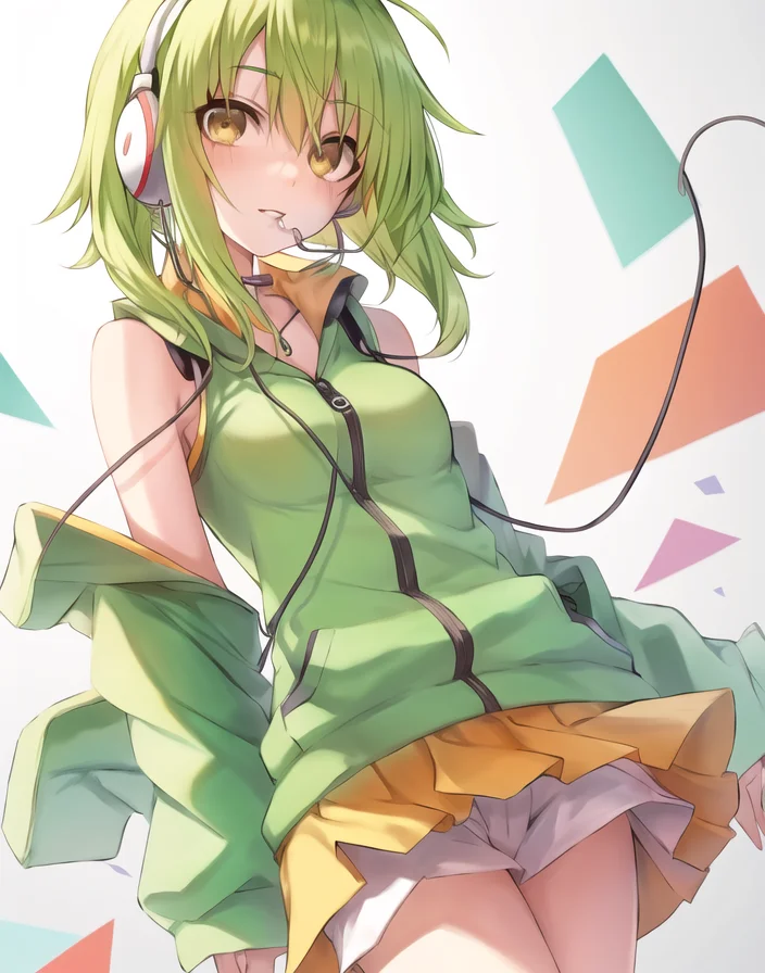 Gumi, solo, ((focus on face)), looking at viewer, white background  <lora:Gumi_V1-01:0.6>,  earphones,