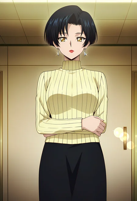 masterpiece,best quality,amazing quality,
1girl, solo,
Soukawa Haruka (Cardfight Vanguard), short hair, black hair, yellow eyes, lipstick, makeup, earrings, jewelry, yellow sweater, turtleneck, long sleeves, long black skirt,
cinematic, crossing arms,
Indoors,
Lens flare, bloom,
Official style, anime screencap, anime coloring,