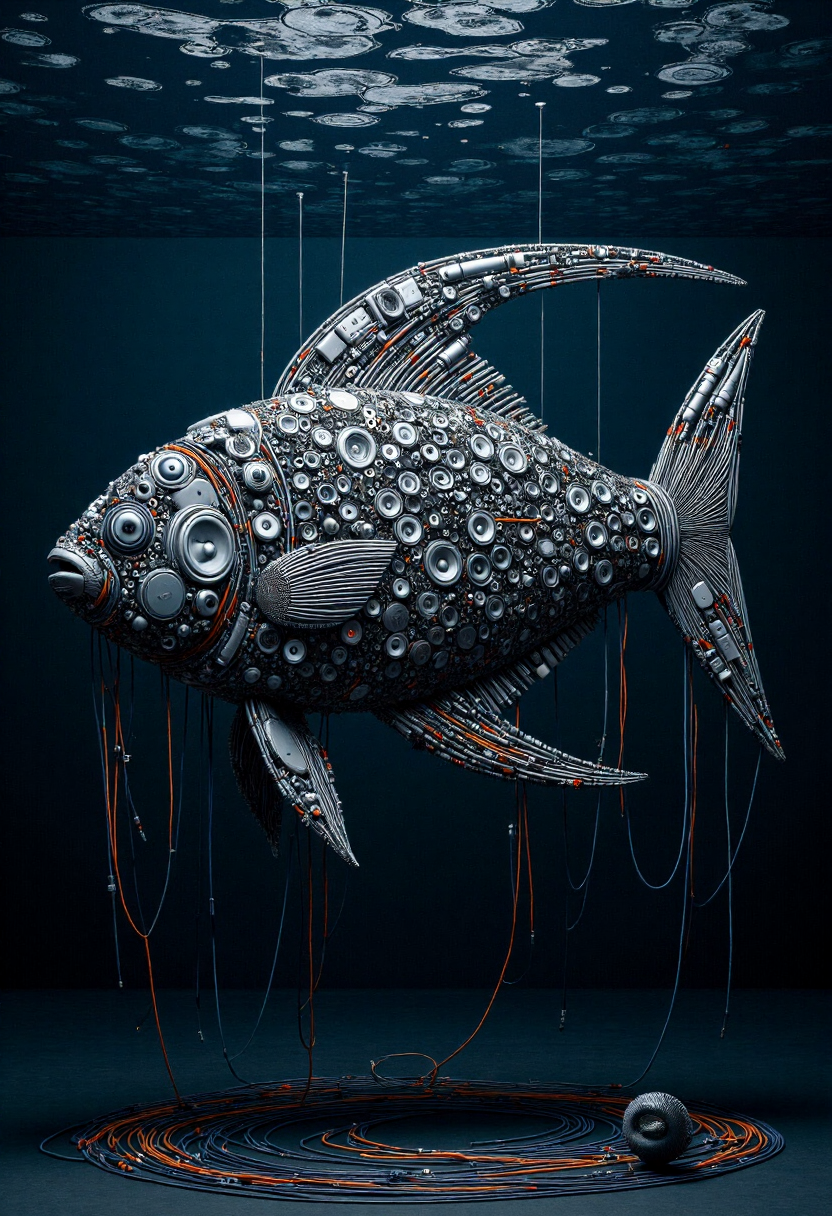 <lora:Audio_Artisan_FLUX:0.9>
Realistic photo of a fish underwater made entirely of various electronic components and audio equipment.