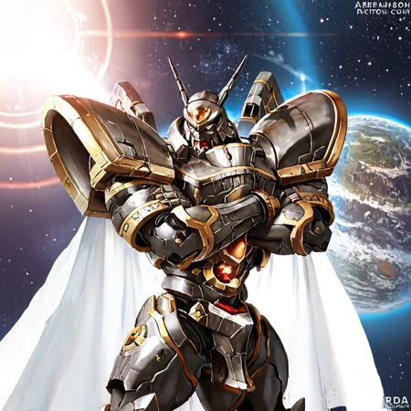 score_9, score_8_up, score_7_up, score_6_up, score_5_up, score_4_up, rating_safe,HDR,epic,dynamic lighting,cinematic shot,raw photo,professional photography,solo,alphamon,mecha,no humans,yellow eyes,crossed arms,space,stars,galaxy, <lora:AlphamonPony:0.95>