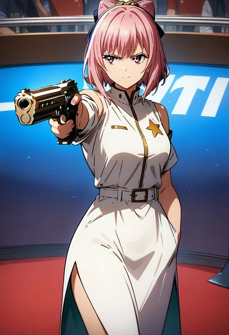 masterpiece, best quality, anime girl, fullbody, Turkish Killer Pose, LOOKING AT GUN, AIMING