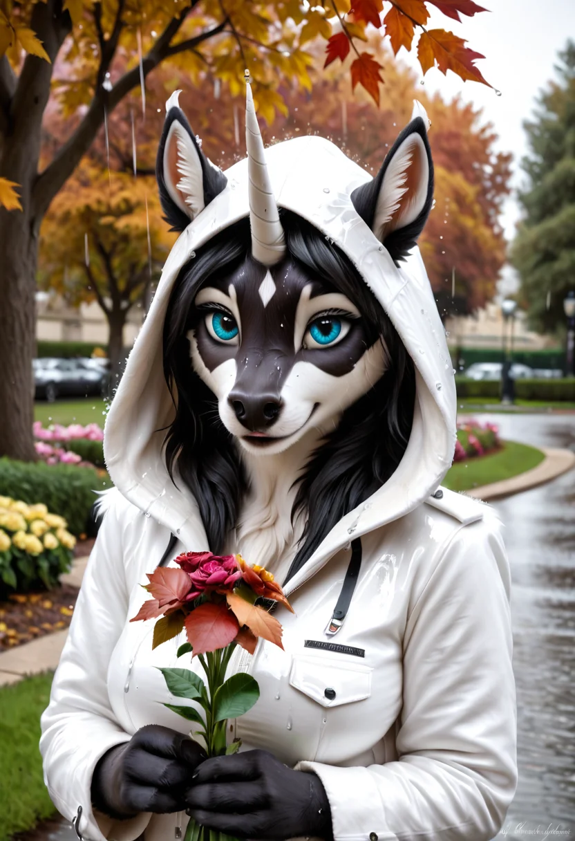Realistic, highres, super high resolution, 8k, photo, anthro, female unicorn, unicorn horn, tufted fur, horse tail, detailed fur, modern bedroom, voluptuous, black fur, black body, black mane, blue eyes, medium breasts, park, holding flowers, hood, raining, coat, wet clothing, fallen leaves, autumn, fullbody, narrowed eyes, lovely eyes, seductive smile,