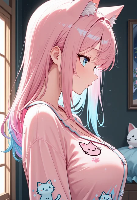 lazypos, 1girl, cat ears, cat girl, split dye black and pink hair, ice blue eyes, medium breasts,  <lora:Nyanku-000005:1>, Nyanku, Nyankupatches, pajamas, close-up of side profile