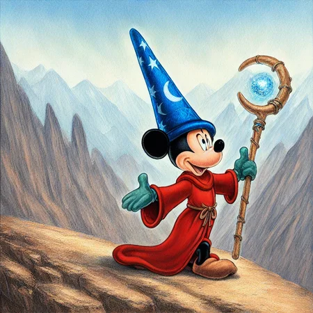 masterpiece, best quality, sorcerer-mickey, hat, gloves. robe, walking, staff, mountains,