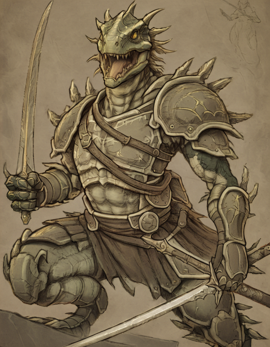 <lora:rtl1:1>rtl1 lizard bone armor holding sword, drawn, illustrated, pencil