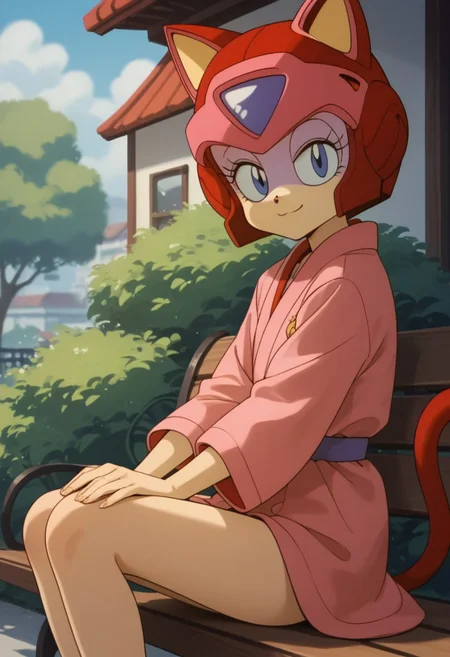 1girl, solo, Pururun, cat girl, two-tone fur, android, petite, score_9, score_8_up, score_7_up, score_6_up, score_5_up, score_4_up, (beautiful summer Park background:1,5), sitting on bench, short legs, red cat tall, looking at viewer, 3/4 side view, slightly smile, hands on knees, pink kimono