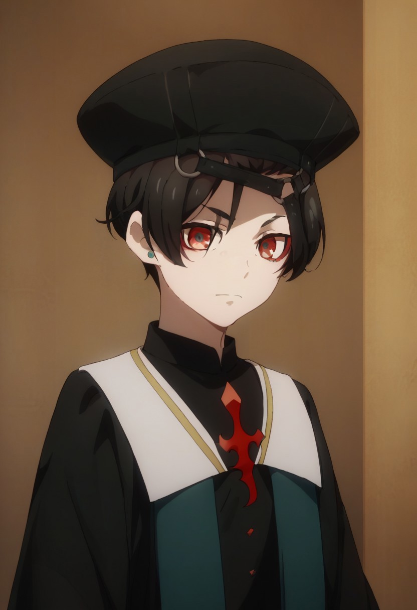 score_9, score_8_up, score_7_up, source_anime, highly detailed, 
jackmouton, solo, red eyes, black hair,  hat, black headwear, long sleeves,
male focus, short hair, standing, looking at viewer, hand on hip, wide sleeves, upper body
