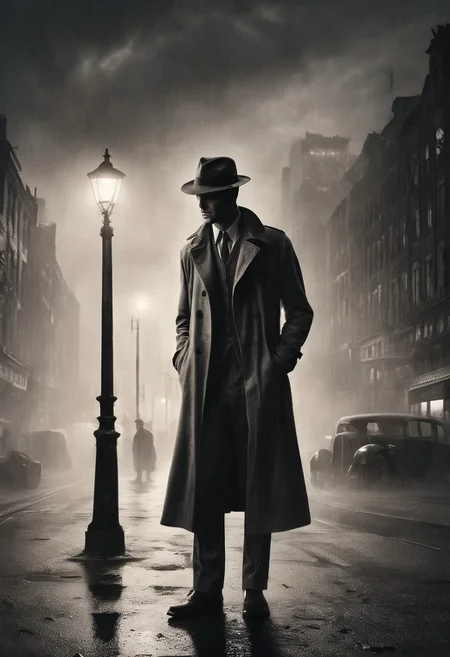 A hard-boiled noir detective in a fedora and trench coat stands under a streetlight on a rainy city street, smoke from a cigarette curling around him. Art Deco buildings, shadows, reflections, extreme close-up, portrait, moody lighting.