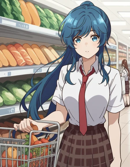 score_9, score_8_up, score_7_up, source_anime, <lora:minami-nanami-s1-ponyxl-lora-nochekaiser:1>, minami nanami, long hair, blue eyes, blue hair, ponytail, sidelocks, large breasts,, skirt, shirt, school uniform, white shirt, short sleeves, necktie, plaid, plaid skirt, red necktie, brown skirt,, grocery store, shopping cart, picking fruits, everyday life, , , looking at viewer, knee up, elbow bent, foot on tiptoe, solo,, cowboy shot, dutch angle