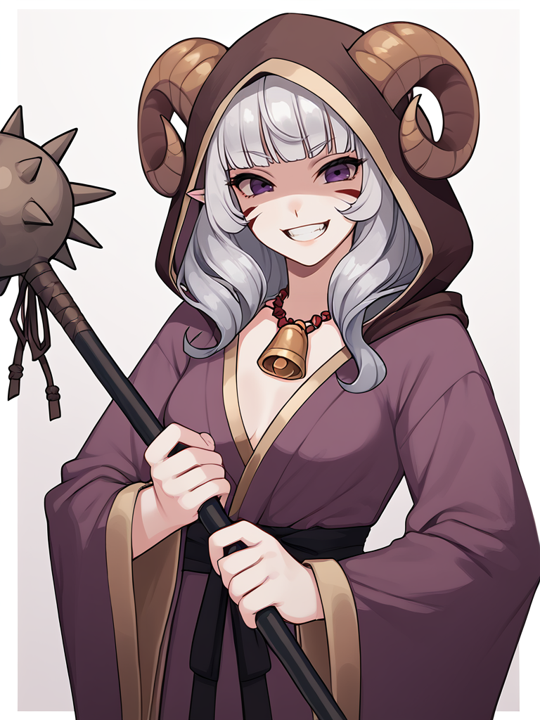 <lora:Spike_mace:0.8> spike_mace, holding weapon, mace, source_furry, score_7_up, rating_safe, cowboy shot, gold necklace, tiefing, short pointed ears,brown horns, (a pair of brown sheep Horns that begin at her temples and curve back: 1.5), bangs,long silver hair long wavy hair, pale skin,<lora:whisker_markings:0.8> red whisker_markings:1.4 , pointy ears, purple eyes:1.2, <lora:age_slider_v4:0.6>   medium breasts, skinny female, close up, silver hair, <lora:Tieflingnew weird fantasyDND:0.3> Tiefling, pointed ears, horns,  evil grin, shaded face, <lora:Smooth Style 2 SDXL_LoRA_Pony Diffusion V6 XL:0.3>  bell, robe, hood off, <lora:Nanoless_Artist_Style_PonyXL:0.5>