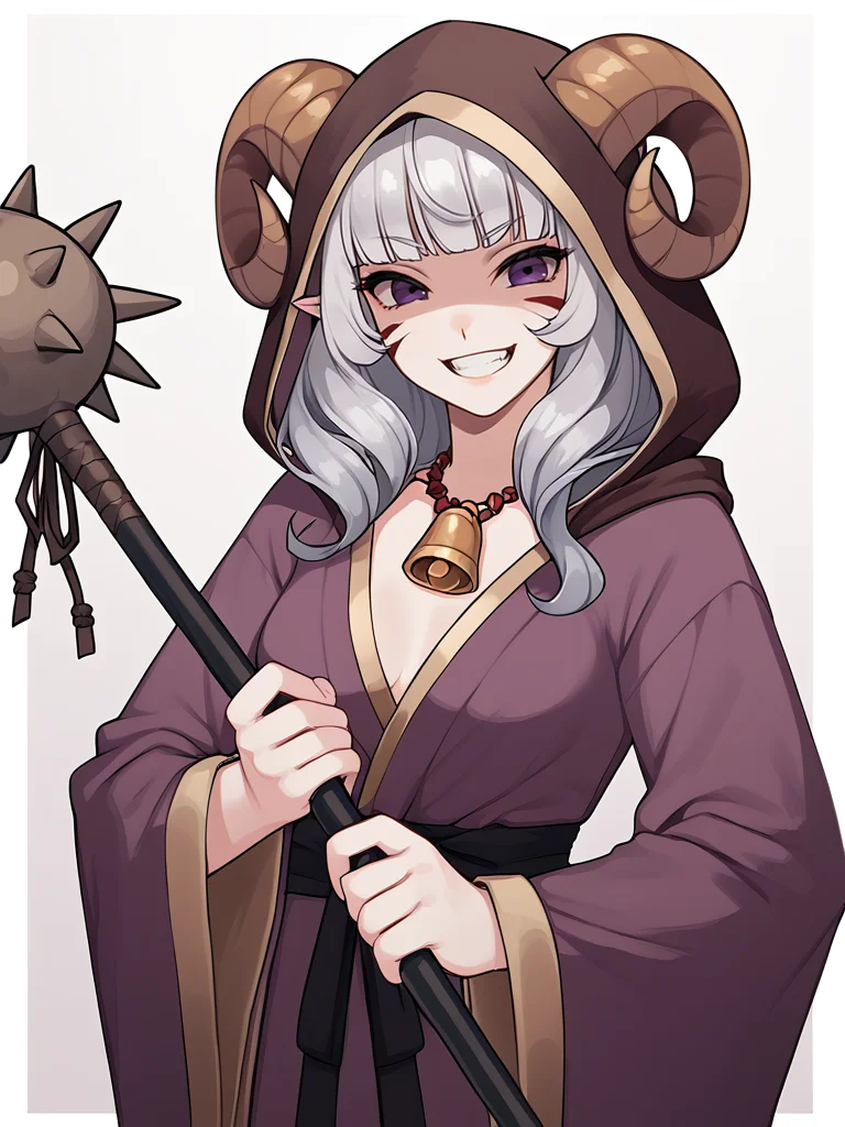 <lora:Spike_mace:0.8> spike_mace, holding weapon, mace, source_furry, score_7_up, rating_safe, cowboy shot, gold necklace, tiefing, short pointed ears,brown horns, (a pair of brown sheep Horns that begin at her temples and curve back: 1.5), bangs,long silver hair long wavy hair, pale skin,<lora:whisker_markings:0.8> red whisker_markings:1.4 , pointy ears, purple eyes:1.2, <lora:age_slider_v4:0.6> medium breasts, skinny female, close up, silver hair, <lora:Tieflingnew weird fantasyDND:0.3> Tiefling, pointed ears, horns, evil grin, shaded face, <lora:Smooth Style 2 SDXL_LoRA_Pony Diffusion V6 XL:0.3> bell, robe, hood off, <lora:Nanoless_Artist_Style_PonyXL:0.5>