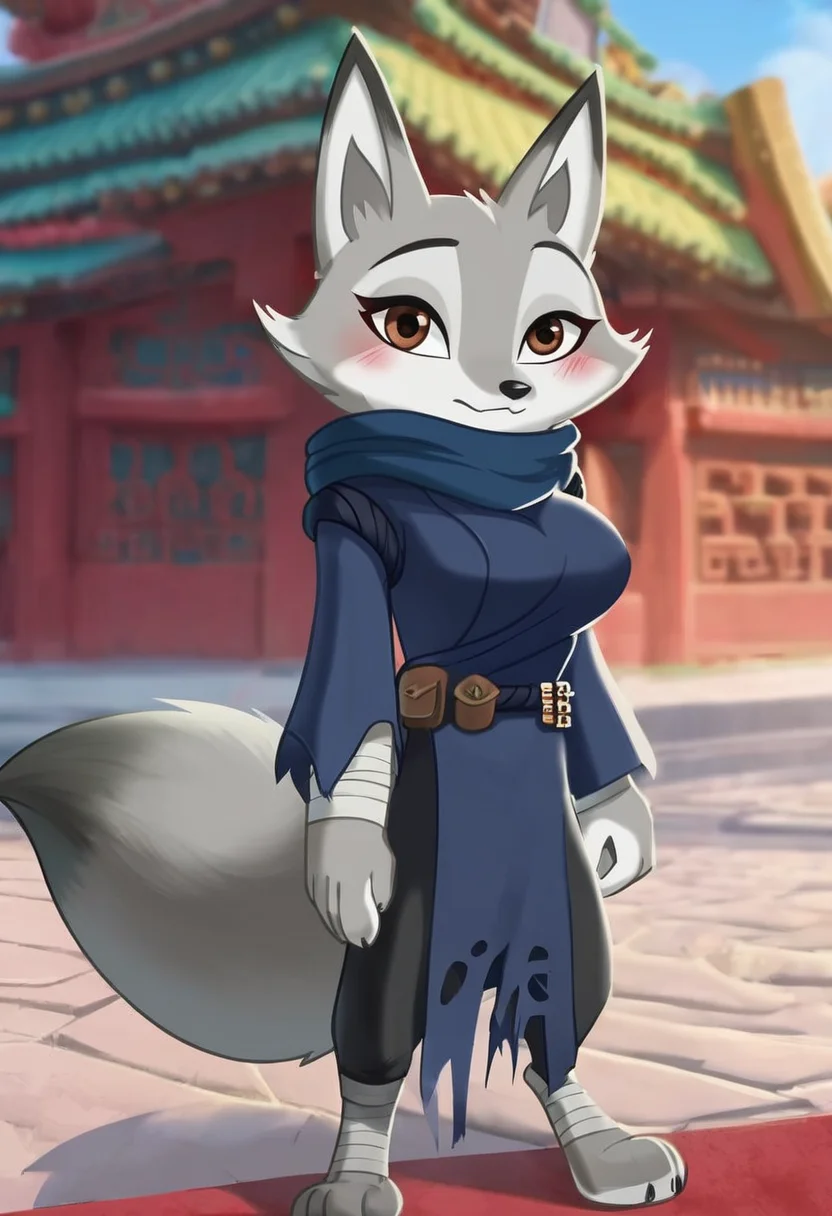 best quality, amazing quality, masterpiece, 1girl, looking at viewer, solo, fullbody, cute, blush, blue sky,china town, chinese building, china, contour_deepening,depth of field, huge filesize,wallpaper,background,(flat color),large breasts, blurry background, <lora:Zhen-03:0.8> , zhen, hooded blue tunic, fox girl, brown eyes, fox ears, fox tail, black belt, jade earring, baggy trousers, gray bandages, torn clothes, sexy pose