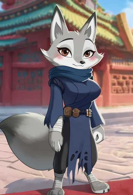 best quality, amazing quality, masterpiece, 1girl, looking at viewer, solo, fullbody, cute, blush, blue sky,china town, chinese building, china, contour_deepening,depth of field, huge filesize,wallpaper,background,(flat color),large breasts, blurry background, <lora:Zhen-03:0.8> , zhen, hooded blue tunic, fox girl, brown eyes, fox ears, fox tail, black belt, jade earring, baggy trousers, gray bandages, torn clothes, sexy pose