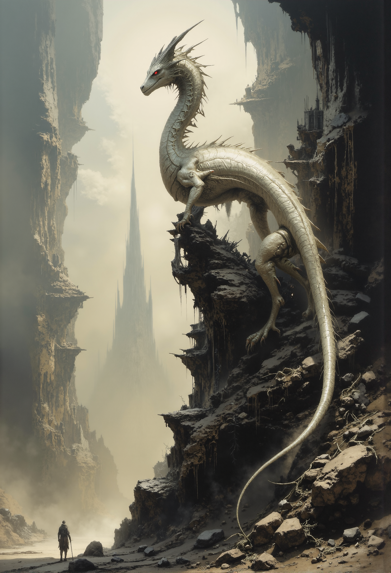 An albino dragon with pale, iridescent scales clings to the jagged peak of a colossal stalagmite, its long, sinewy body coiled tightly for balance. Its piercing red eyes gaze majestically over a desolate wasteland, shrouded in an eerie, muted light. The barren landscape is dotted with countless other towering stalagmites, creating a surreal and haunting skyline. Shadows stretch across the cracked and lifeless ground, as faint wisps of mist drift between the rocky spires, enhancing the dark, otherworldly atmosphere. The dragon's presence exudes power and solitude, reigning as the spectral guardian of this desolate realm. <lora:artisketchyfs-v02.safetensors:0.75>,  <lora:Elden_Ring_-_Yoshitaka_Amano.safetensors:1.0>,  <lora:Giger_2_0.safetensors:0.35>,  <lora:Ethereal Grace - s1 g4.safetensors:0.3>,  <lora:Movie_Portrait.safetensors:0.8>, <lora:- Flux1 - soothing_atmo_V2.0.safetensors:0.4>,  <lora:lith_mimosa_kiel_grw134_FLUX.safetensors:0.7>,