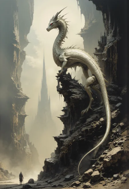 An albino dragon with pale, iridescent scales clings to the jagged peak of a colossal stalagmite, its long, sinewy body coiled tightly for balance. Its piercing red eyes gaze majestically over a desolate wasteland, shrouded in an eerie, muted light. The barren landscape is dotted with countless other towering stalagmites, creating a surreal and haunting skyline. Shadows stretch across the cracked and lifeless ground, as faint wisps of mist drift between the rocky spires, enhancing the dark, otherworldly atmosphere. The dragon's presence exudes power and solitude, reigning as the spectral guardian of this desolate realm. <lora:artisketchyfs-v02.safetensors:0.75>, <lora:Elden_Ring_-_Yoshitaka_Amano.safetensors:1.0>, <lora:Giger_2_0.safetensors:0.35>, <lora:Ethereal Grace - s1 g4.safetensors:0.3>, <lora:Movie_Portrait.safetensors:0.8>, <lora:- Flux1 - soothing_atmo_V2.0.safetensors:0.4>, <lora:lith_mimosa_kiel_grw134_FLUX.safetensors:0.7>,