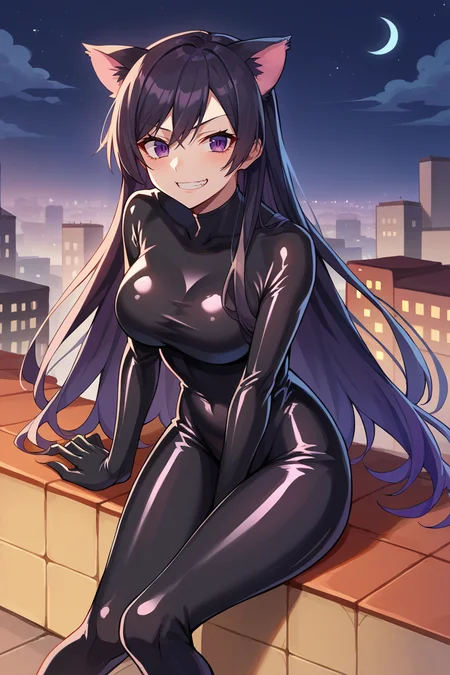 score_9, score_8_up, score_7_up, score_6_up, source_anime, BREAK 1girl, solo  <lora:tsubasa-pdxl-nvwls-v1-000005:1> defTsubasa, black hair, purple eyes, long hair, cat ears, black bodysuit, skintight, latex bodysuit, sitting, rooftop, night sky, evil grin, looking at you, medium breasts