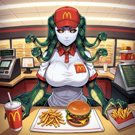 masterpiece, best quality, very aesthetic, absurdres, detailed background, 1girl, mcdonald's, medumason, snake hair, (mask:1.1, expressionless), solo, monster girl, colored skin, large breasts, yellow eyes, snake, green skin, scales, slit pupils, lamia, (claws:0.5),
fast food uniform, collared shirt, food, french fries, burger, drink,
counter, cash register, menu, red hat,
<lora:Medusa_-_Smite_NoobAI_Epsilon_11:1>, <lora:dhs_n11:0.5>, <lora:SethxZoe:0.5>