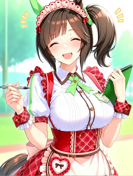 masterpiece, best quality, absurdres, amazing quality <lora:cfg_scale_boost:0.3> <lora:StS-Illustrious-Detail-Slider-v1.0:3> <lora:StS_Age_Slider_Illustrious_v1:3>,detailed_background,outdoors,horse girl,holding notepad,open mouth,apron,umamusume,closed eyes,e-ncyo,freckles,ines fujin \(umamusume\),skirt,horse tail,medium breasts,breasts,brown hair,short hair,plaid skirt,upper body,holding,puffy sleeves,puffy short sleeves,plaid clothes,maid headdress,smile,white shirt,facing viewer,short sleeves,notice lines,side ponytail,solo,notepad,pen,1girl,shirt,wrist cuffs,highres,tail,ines fujin \(melty gift\) \(umamusume\),animal ears,blush,holding pen,red skirt,horse ears,collared shirt,waist apron