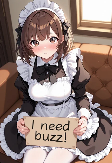 (masterpiece, highest quality, very detailed:1.3), 1girl, solo, apron, maid headdress, maid, sitting, frilled apron, brown hair, long sleeves, bow, brown eyes, closed mouth, dress, puffy sleeves, juliet sleeves, white apron, frills, bangs, breasts, blush, medium breasts, looking at viewer, black bow, need_buzz, holding sign