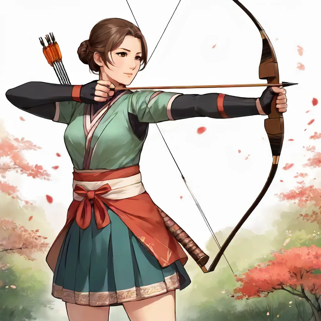 1girl,recurve bow ,firing and arrow, Bow, Japanese, kyudo, yumi, 1girl, solo, skirt, brown hair, gloves, holding, standing, full body, ponytail, weapon, japanese clothes, hakama, hakama skirt, single glove, bow \(weapon\), partially fingerless gloves, arrow \(projectile\), holding bow \(weapon\), aiming, holding arrow, drawing bow, archery,d1 dress, cloth<lora:mergedarchedlora:0.7>