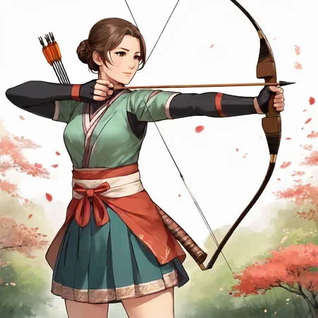 1girl,recurve bow ,firing and arrow, Bow, Japanese, kyudo, yumi, 1girl, solo, skirt, brown hair, gloves, holding, standing, full body, ponytail, weapon, japanese clothes, hakama, hakama skirt, single glove, bow \(weapon\), partially fingerless gloves, arrow \(projectile\), holding bow \(weapon\), aiming, holding arrow, drawing bow, archery,d1 dress, cloth<lora:mergedarchedlora:0.7>