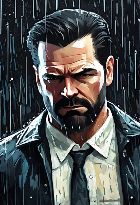 detailxl, high quality, artistic-strokes-style,
(dark artistic blank background:1.3)
(half body shot, looking at viewer, angry, dark:1.4),
(digital-painting, Portrait of Max Payne, rain:1.8),
(detective cop in jacket in new york street)