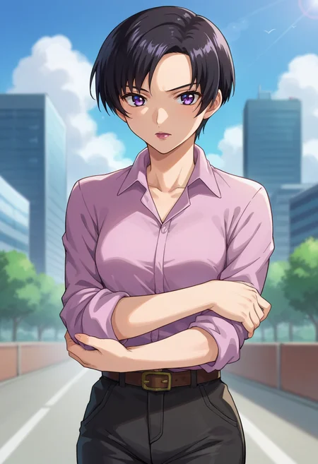 score_9,score_8_up,score_7_up,anime coloring BREAK source_anime,anime,<lora:Natarle_Badgiruel_Gundam_SEED_Pony:0.7>,natarle,1girl,solo,purple eyes,black hair,short hair,purple lips,shirt,sleeves rolled up,belt,black pants,crossed_arms,outdoors,city,looking_at_viewer,