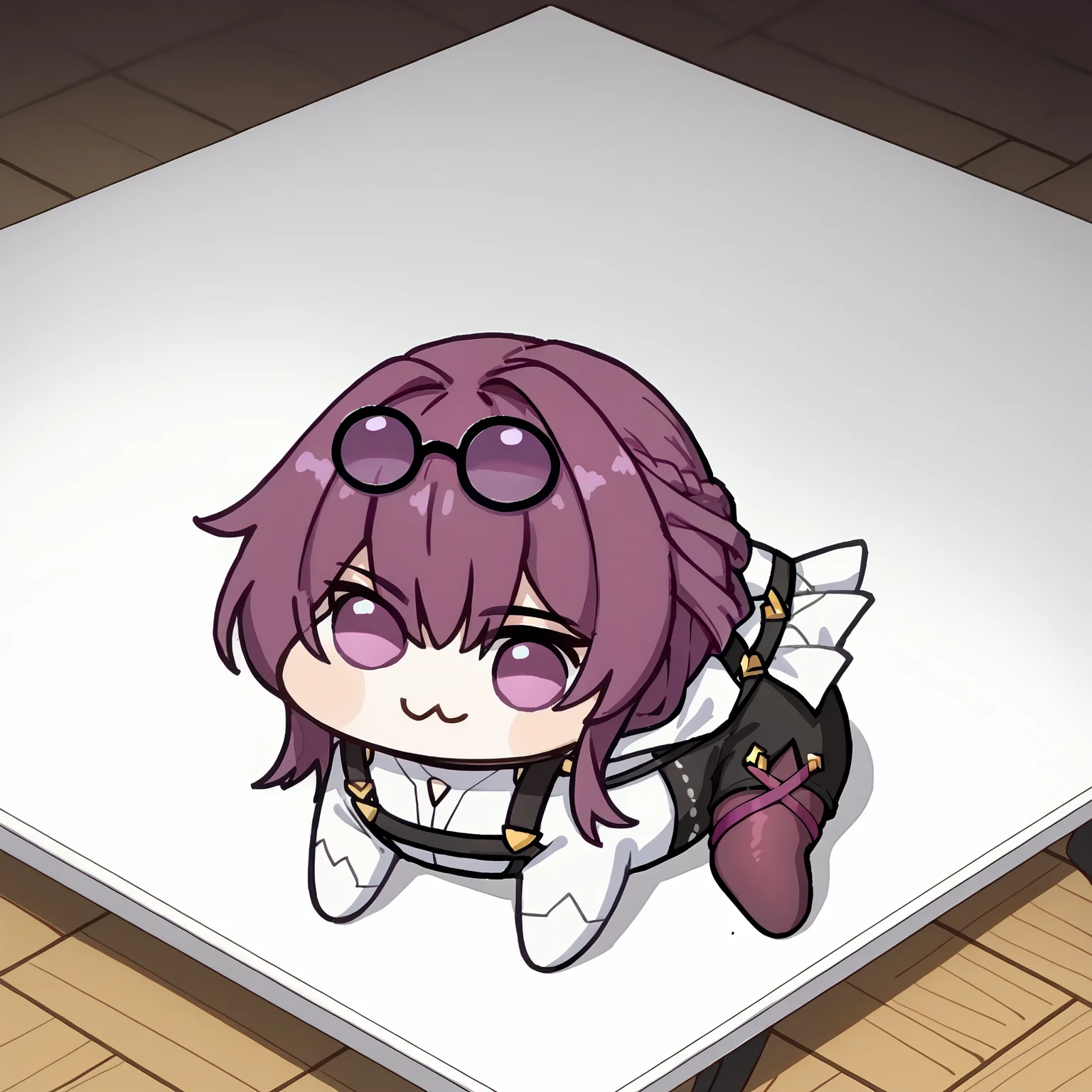 score_9, score_8_up, score_7_up, BREAK, on table, 
<lora:kafkav1:1>, kafkabase, purple eyes, purple hair, kafkadefault, black jacket, purple gloves, black shorts, purple pantyhose, eyewear on head, chest harness, white shirt,
 <lora:Doro_X_PDXL_V1:1>, doro, creature, :3, chibi, no humans, white skin, four legs, solid circle eyes, no pupils