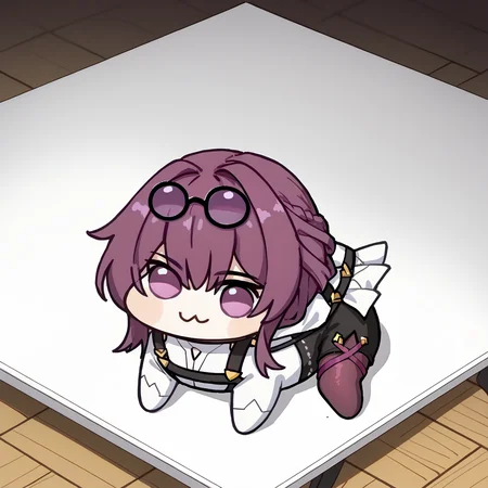 score_9, score_8_up, score_7_up, BREAK, on table,
<lora:kafkav1:1>, kafkabase, purple eyes, purple hair, kafkadefault, black jacket, purple gloves, black shorts, purple pantyhose, eyewear on head, chest harness, white shirt,
<lora:Doro_X_PDXL_V1:1>, doro, creature, :3, chibi, no humans, white skin, four legs, solid circle eyes, no pupils