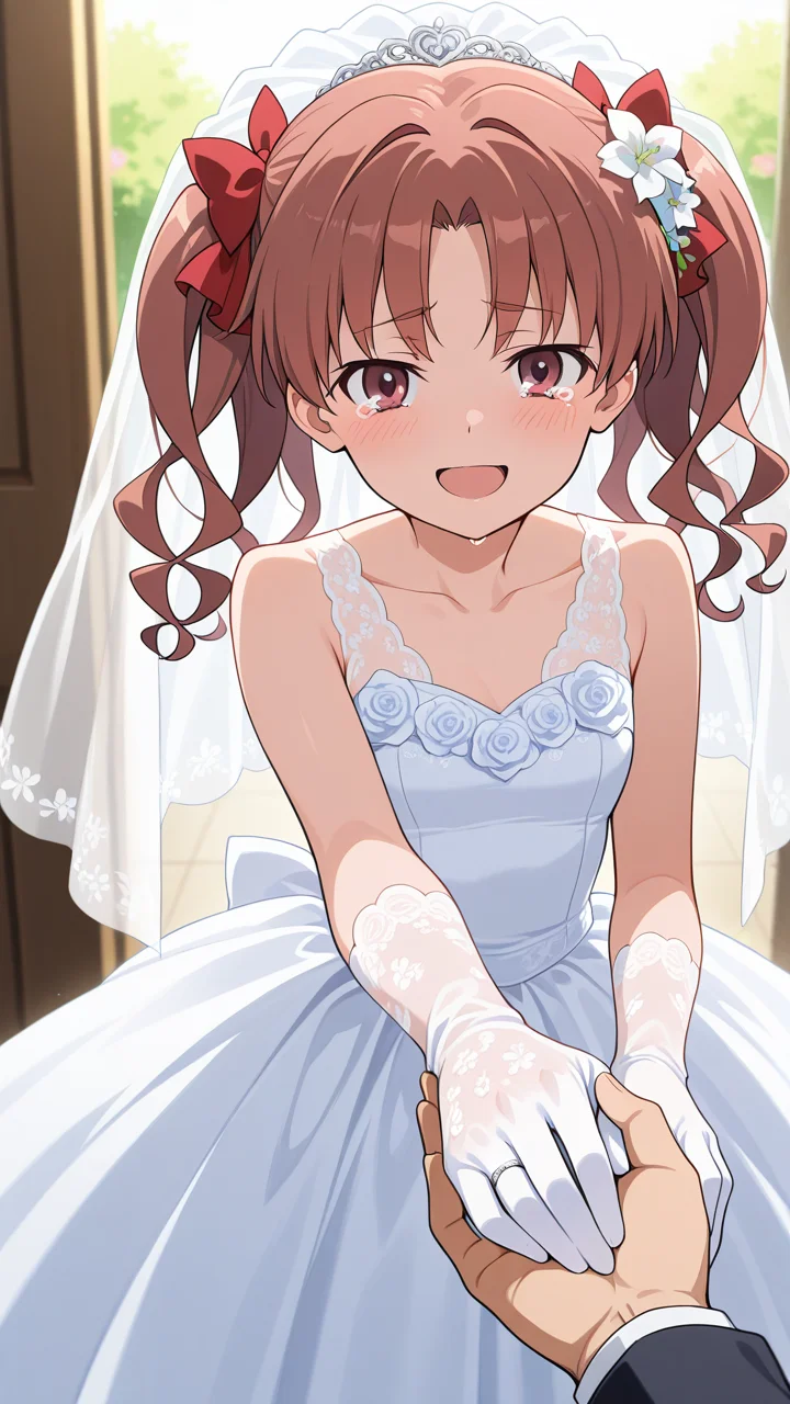 solo,, masterpiece, best quality, amazing quality, very aesthetic, absurdres, newest, anime screencap, <lora:shiraikurokoILM:1>, shirai kuroko, twintails, brown hair, red bow, hair bow, hair ribbon, long hair, wavy hair, brown eyes,, wedding dress, wedding, flower, wedding ring, hair flower, bridal veil, flower, gloves, hair ornament, happy, happy tears, open mouth, looking at viewer, pov, pov hands, ribbon, ring, white dress, sleeveless dress, collarbone, bare_shoulders, holding hands,