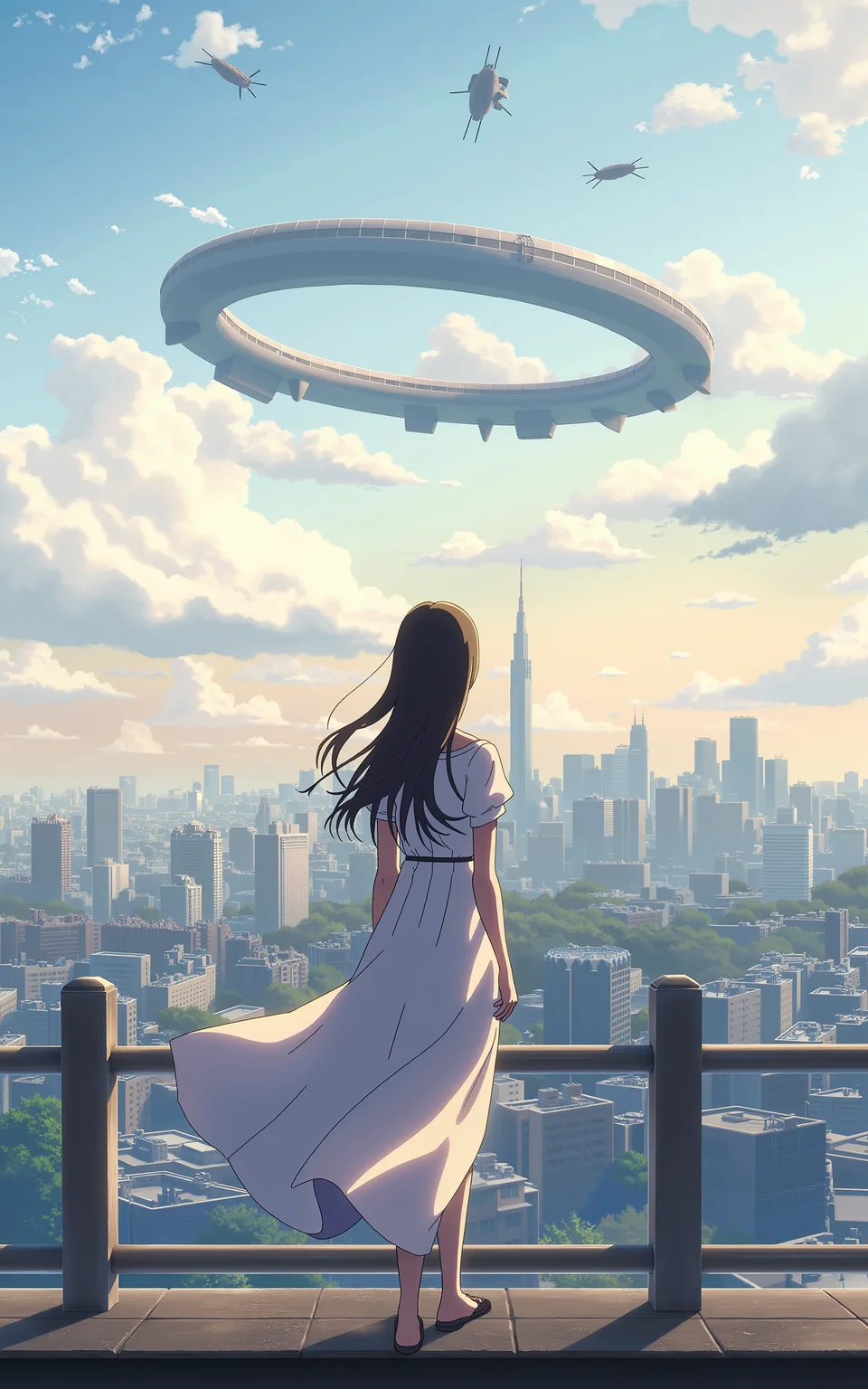 A futuristic sci-fi city at sunrise,a young girl in a flowing white dress stands quietly on a high-altitude platform,waiting for the approaching train. The morning light filters through the clouds,her long hair sways gently in the wind. In the distance,a massive floating ring structure hovers in the sky,with flying vehicles gliding above the city. The scene is filled with a sense of the future,soft lighting,and a cyber-romantic atmosphere.,<lora:kanime-01:0.7>,kanime,anime,Shinkai Makoto style,