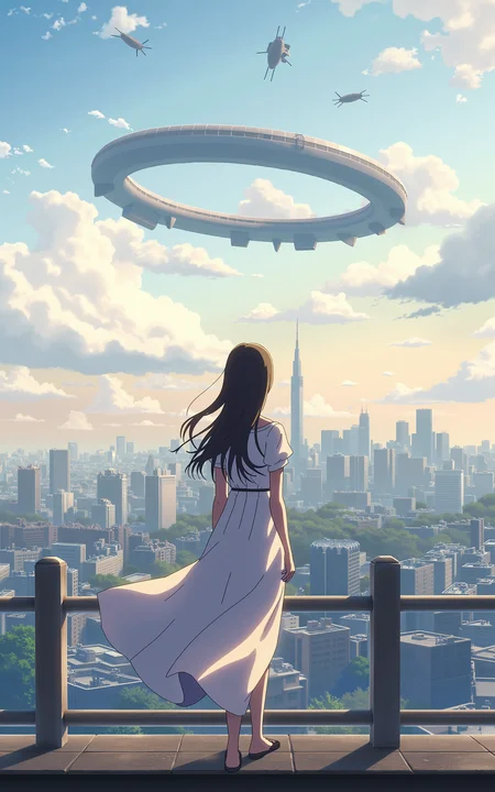 A futuristic sci-fi city at sunrise,a young girl in a flowing white dress stands quietly on a high-altitude platform,waiting for the approaching train. The morning light filters through the clouds,her long hair sways gently in the wind. In the distance,a massive floating ring structure hovers in the sky,with flying vehicles gliding above the city. The scene is filled with a sense of the future,soft lighting,and a cyber-romantic atmosphere.,<lora:kanime-01:0.7>,kanime,anime,Shinkai Makoto style,