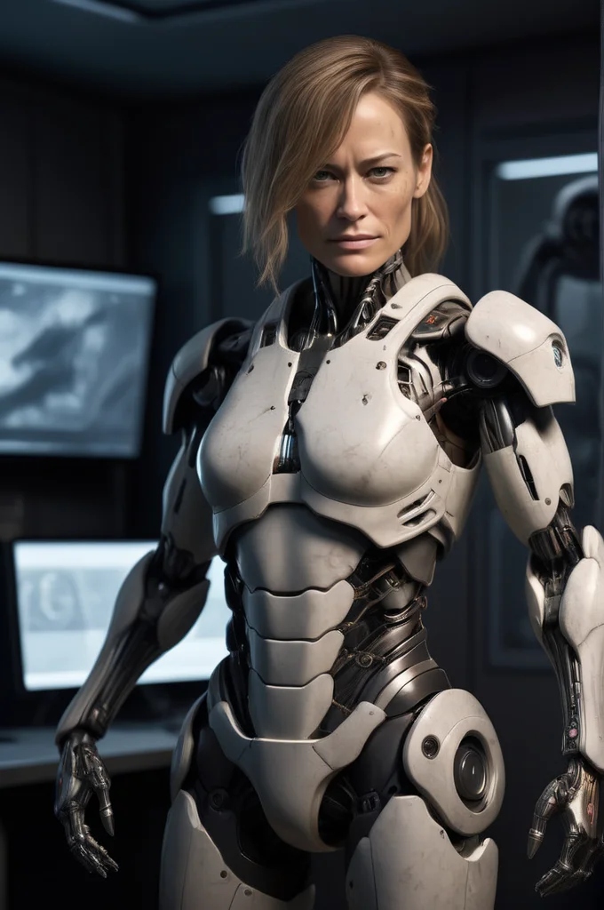 BMAIW, female solider, (half human half cyborg:1.2), robotic arm, standing in the command center, cinematic, high detail, masterpiece <lora:BMAIW_merge_1:1>