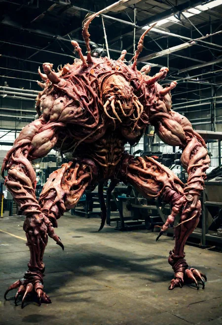 solo,full body,indoors, a fleshmutant crabomination with arthropod legs in a factory