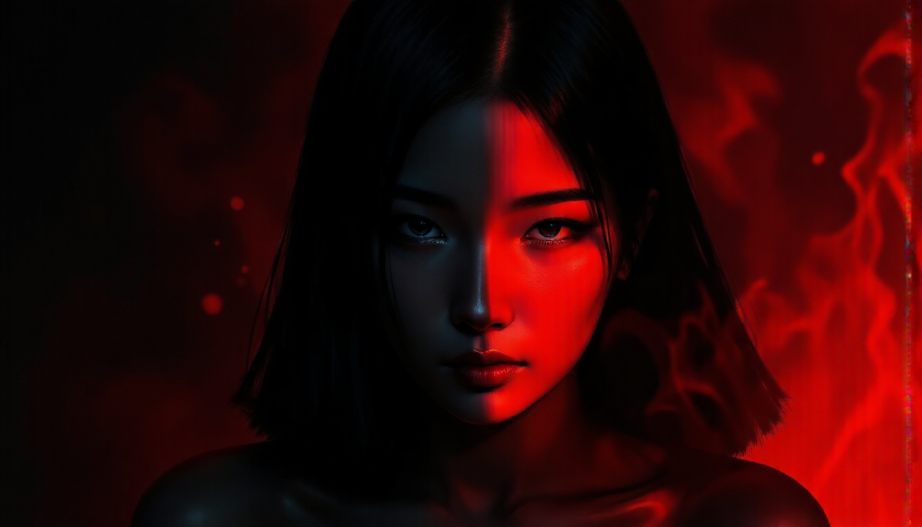 Generate an image of a young asian woman's face half veiled in shadow, half illuminated by a fiery red glow, symbolizing the internal struggle between light and darkness, love and evil, within the human soul. super dark and gory