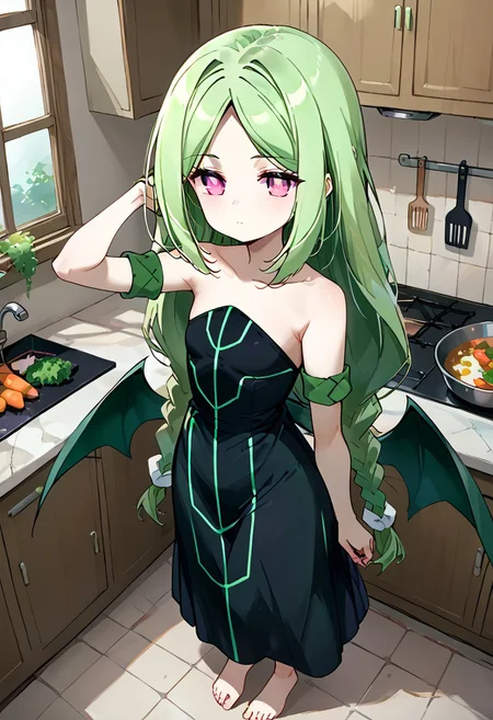 score_9, score_8_up, score_7_up, source_anime, momose kajitsu, 1gril, solo, green hair, long hair, parted bangs, twin braids, pink eyes, small breasts, bare shoulders,green striped black dress,strapless, strapless dress, long dress, green armband, wings, barefoot,, kitchen, cooking, apron, cutting vegetables, home cooking, hand behind head, expressionless,, cowboy shot, dutch angle,