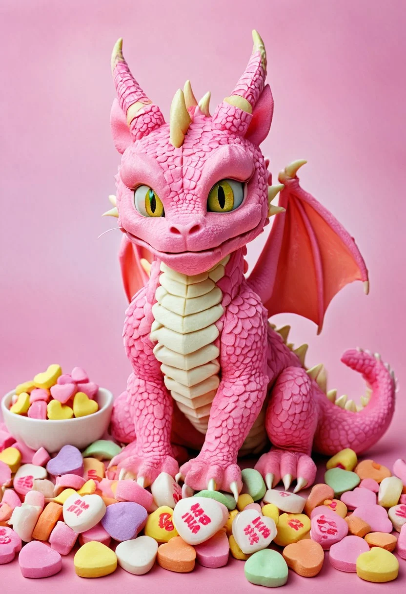 Masterpiece, high detail,high resolution, best quality,
A dragon with cat ears made from candy hearts, kitchen background, detailed background,
flux-style