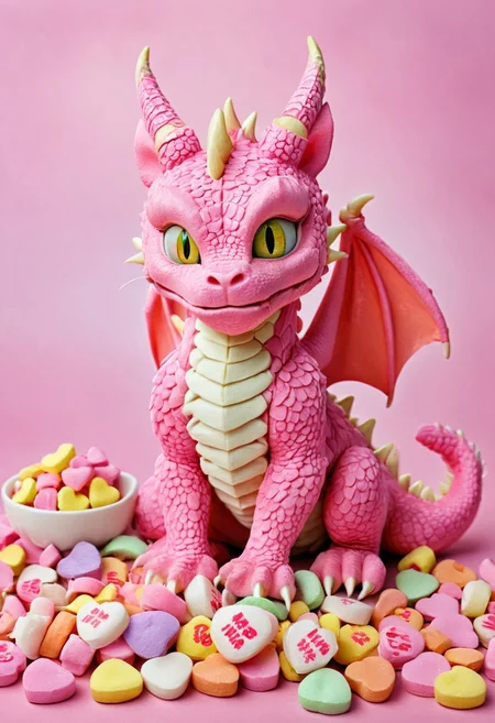 Masterpiece, high detail,high resolution, best quality,
A dragon with cat ears made from candy hearts, kitchen background, detailed background,
flux-style