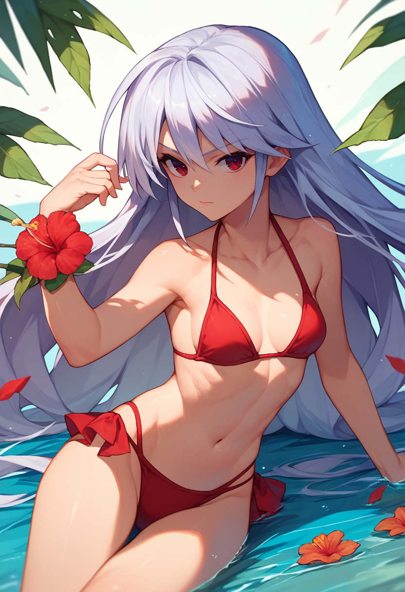 score_9, score_8_up, score_7_up,  1girl,  Kazuki, silver hair, long hair, red eyes, bikini,   <lora:Kazuki Dora V2-000009:1>