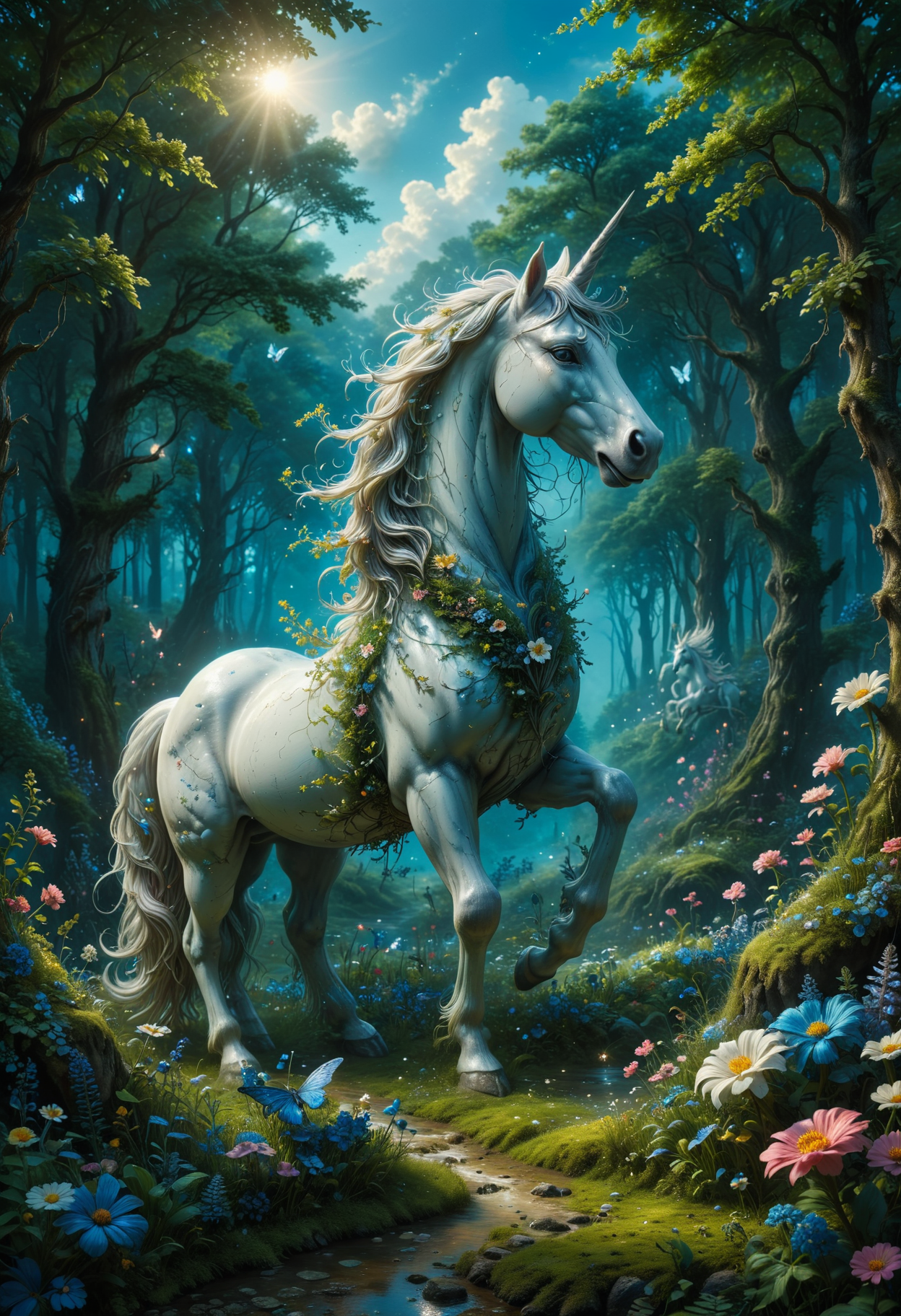 masterpiece, multilayered fantasy diorama, unicorn, forest meadow, blooming flowers, bright blue sky, mystical atmosphere, extremely stylized, intricate details, Gustave Doré, Arthur Rackham, enchanted, ethereal glow, sparkling light, lush greenery, vibrant colors, fantastical creatures hidden, dreamlike quality
<lora:add-detail-xl:0.35> <lora:MJ52:0.18> <lora:ral-anmwrlds-sdxl:0.3> ral-anmwrlds <lora:ral-porcelain:0.4> ral-porcelain <lora:ral-cltc:0.1> ral-cltc <lora:ral-dissolve:0.25> ral-dissolve <lora:zavy-mthcl-sdxl:0.2> <lora:SDXLFaeTastic2400:0.2>  <lora:WildcardX-XL-Detail-Enhancer:0.5>