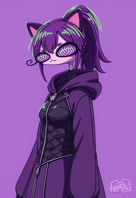score_9, score_8_up, score_7_up, masterpiece, best quality, detailed, amazing quality, detailed background, colorful, detailed eyes, clean eyes, solo, medium breasts, pose, cat ears,
1girl, purple hair, ponytail, black clothes, coat, gloves, hoodie, white clothes, body armor,