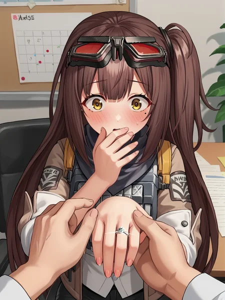 score_7_up, score_6_up, score_5_up, source_anime,
<lora:mayling.pony:1>, mayling, brown hair, very long hair, one side up, yellow eyes,
eyewear on head, white shirt, brown jacket, open jacket, black shorts,
hand over mouth, surprised, blush,
office, desk,
<lora:wedding-ring-ponyxl-lora-nochekaiser:1>, wedding ring, marriage proposal, pov, pov hands, hand grab,
