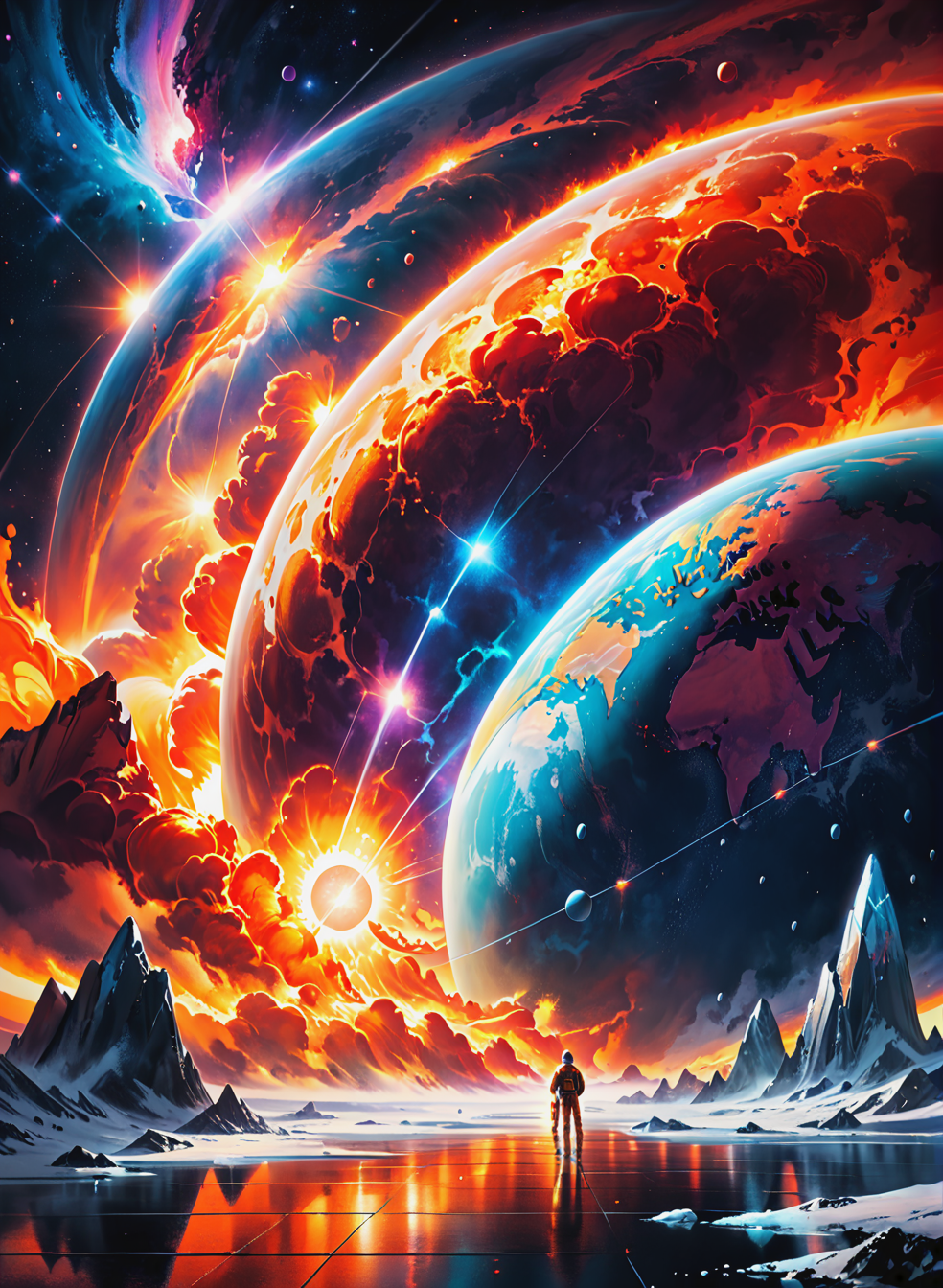 ((Cinematic film screensaver)), (((futuristic picture))), (birth of the planet), celestial action scene, science fiction film Solaris, story Stanislav Lem, science fiction space, a small spaceship is offset from the center to the right, science fiction story about space travel, volcano planet, ((fire)), air currents, water drops, painted world, colorful splashes,  <lora:Painted World:0.7>, tender, soft pastel colors, soft natural volumetric light, atmospheric, sharp focus, centered composition, complex background, soft haze, masterpiece, animalistic, beautiful, tiny detailed, ultra fine, dramatic lighting, (full body realistic photo), ((frame filled with various details)), soft lighting, (Highly Detailed:1.6), <lora:add-detail-xl:1.2>, ((professional photo)), ((64 megapixels)), HDR, (((ultra high quality))).