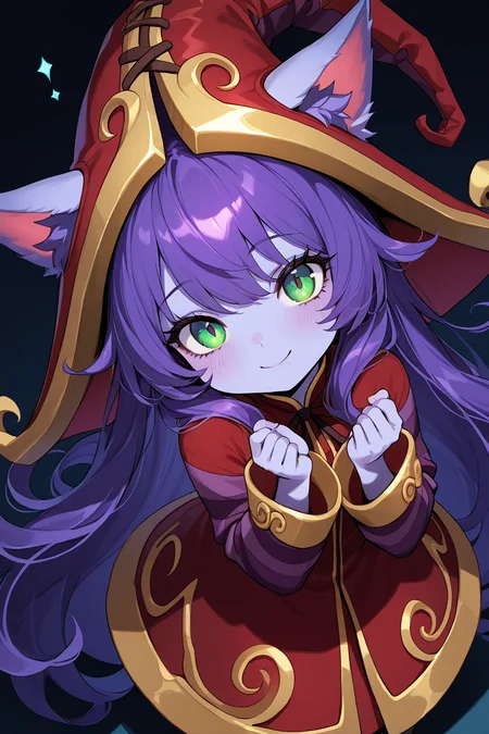 masterpiece, best quality, 1girl, solo, 21 year old model, eyelashes, (beautiful eyes), ,,, <lora:LuluLeagueoflegendsIXL:1.0>, zzLulu, long hair, bangs, animal ears, green eyes, purple hair, colored skin, purple skin, long sleeves, hat, dress, red dress, red headwear, ears through headwear, striped sleeves, yordle,from above, dynamic pose, cowboy shot, smile, looking at viewer, shiny skin,