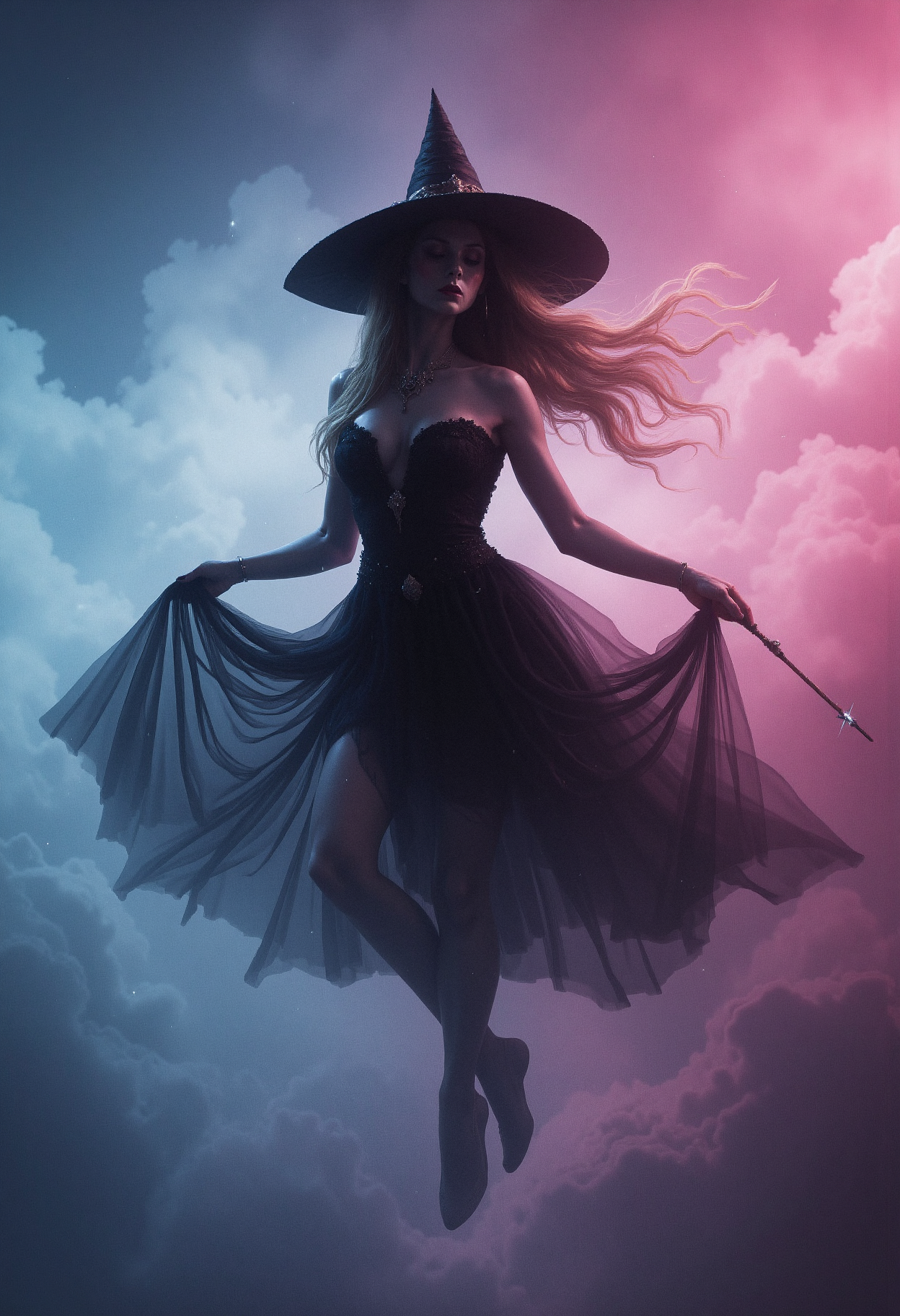 A woman floating in the air, wearing a black, wide-brimmed witch hat. Her hair is long and wavy, colored light brown with soft highlights, flowing gently as she floats. She wears a black dress with a sheer, ethereal tulle skirt, slightly blurred in motion. Her legs are bent, feet pointing downward, and she holds a wand in her right hand, which is barely visible due to the soft shadows. The scene is lit by a bi-color lighting scheme, with soft blue light on the left and warm magenta light on the right, creating a mystical and dreamy atmosphere. The background is filled with a gradient of smoky clouds, blending from pink to blue, adding depth to the image.   <lora:dark_fantasy_flux:0.83> <lora:FredFraiStyle-FLUX-Share:0.63> <lora:sxz-Dark-Fantasy-v2-Flux:0.33> drkfnts style,