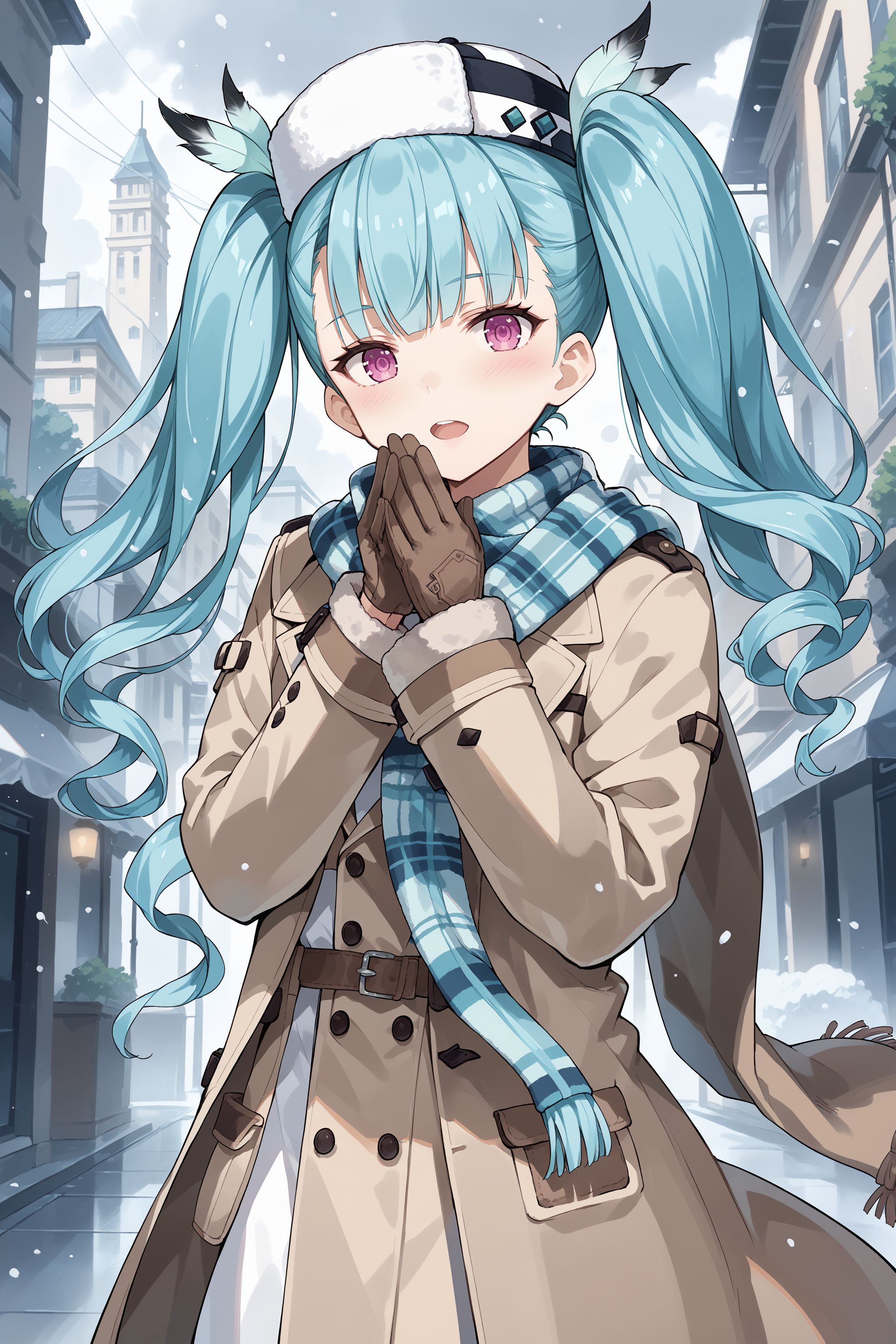 score_max, (score_9, score_8_up, score_7_up:1.2), score_6_up, official art, source_anime,
, masterpiece, absurdres, high detail, 8k,
city, snowing, overcast, upper body,
standing, hands on own mouth, open mouth, nose blush, steam, looking at viewer,
ddphibachi, twintails, quad tails, knit hat, hat feather, plaid scarf, brown coat, trench coat, brown mittens,
<lora:XL_Pony_gomaotsu-hibachi-t3:1>