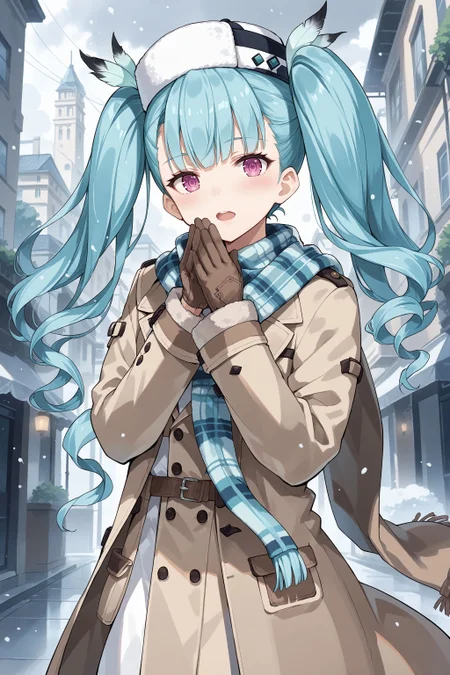 score_max, (score_9, score_8_up, score_7_up:1.2), score_6_up, official art, source_anime,
, masterpiece, absurdres, high detail, 8k,
city, snowing, overcast, upper body,
standing, hands on own mouth, open mouth, nose blush, steam, looking at viewer,
ddphibachi, twintails, quad tails, knit hat, hat feather, plaid scarf, brown coat, trench coat, brown mittens,
<lora:XL_Pony_gomaotsu-hibachi-t3:1>