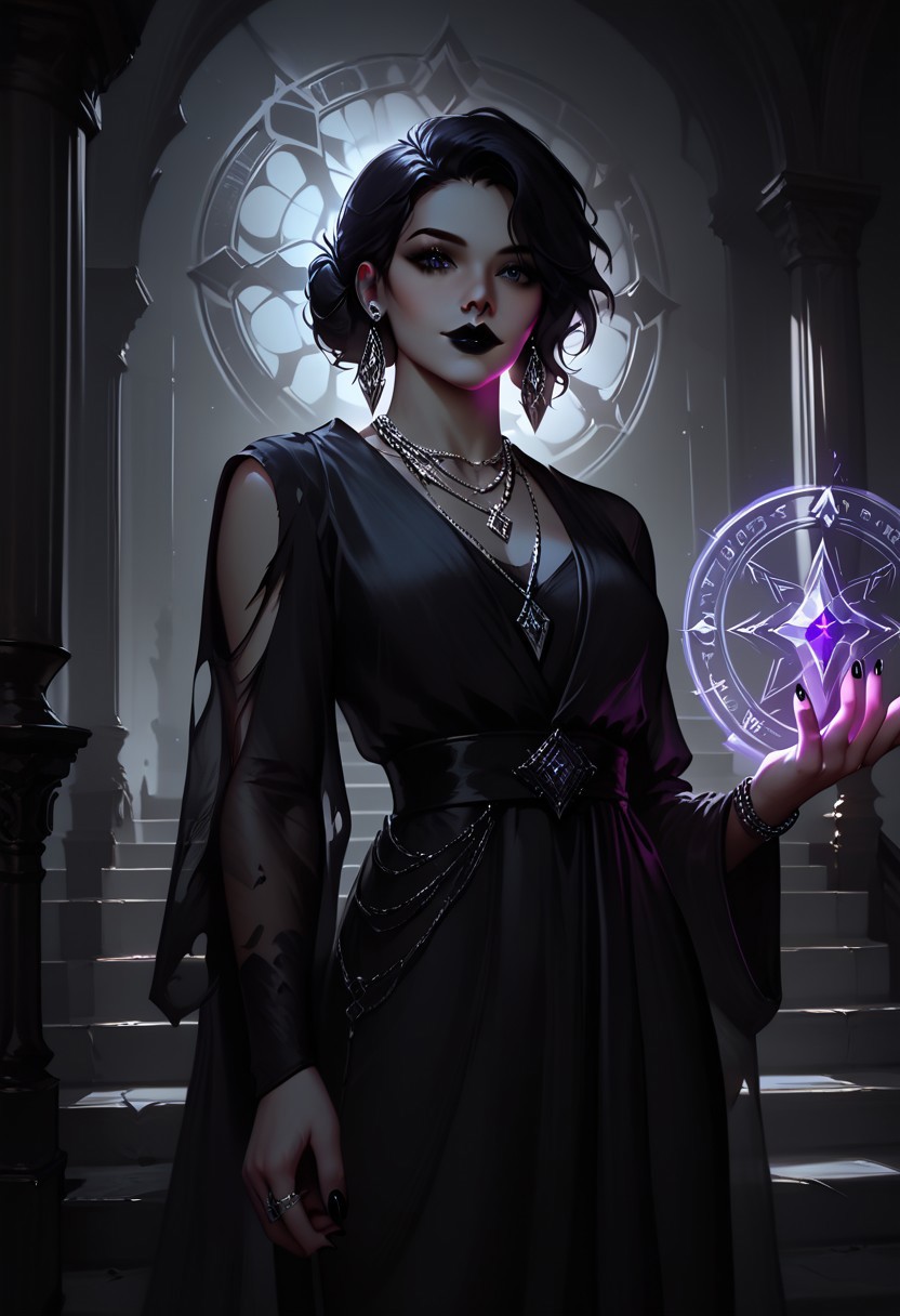 score_9, score_8_up, highly detailed, score_7_up, easynegative, concept art, realistic, dark theme, perfect quality, highly detailed, low light, face focus, anatomically perfect, handfixer
cowboy shot, gothic fantasy style, wide gothic grey marble staircase, outdoor scene,
1girl, 30 years old woman, tall regal figure, slender body, angelic beauty, pale skin, barefoot, slightly torn elegant long black robes, holes in robe, dark black messy hair, waist length hair, sharp nose, diamond nose stud, dark eyes, almond shaped eyes, black nail polish, standing at top of the staircase, black lipstick, soft smile, silver ring with ruby stone, silver diamond earrings, silver necklace with ruby medallion, looking at viewer, holding purple magical runes in each hand, Glowing Runes, Glowing Rune Circle